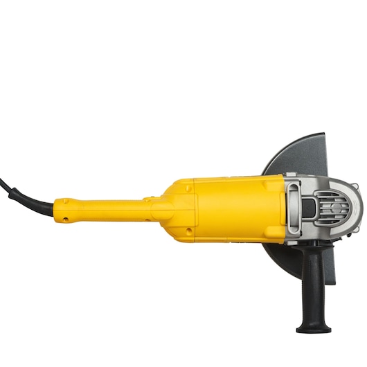 A yellow and black DEWALT angle grinder viewed from above, showing the motor housing, power cord, handle, and blade guard.
