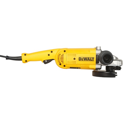 A yellow DEWALT angle grinder power tool with a black handle and disc, shown against a white background.