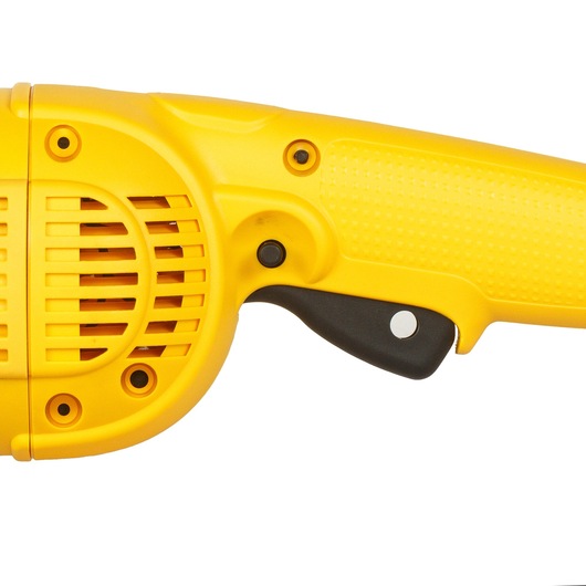 Close-up view of a yellow DEWALT power tool handle and trigger, showing ventilation slits and textured grip.