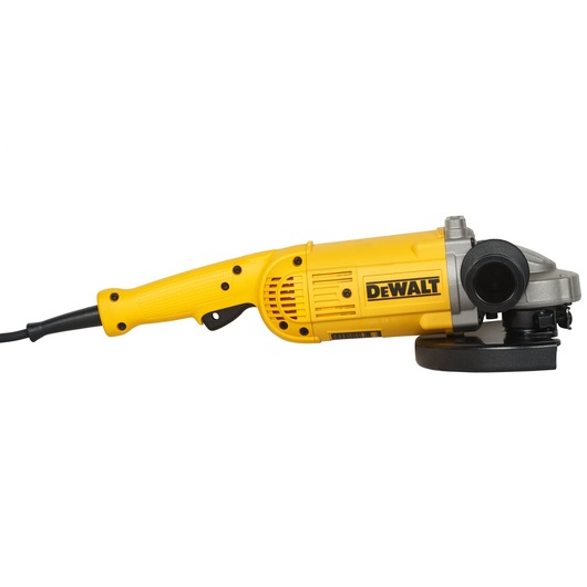 A yellow Dewalt angle grinder with a black cord viewed from the side, showing the handle and grinding wheel.