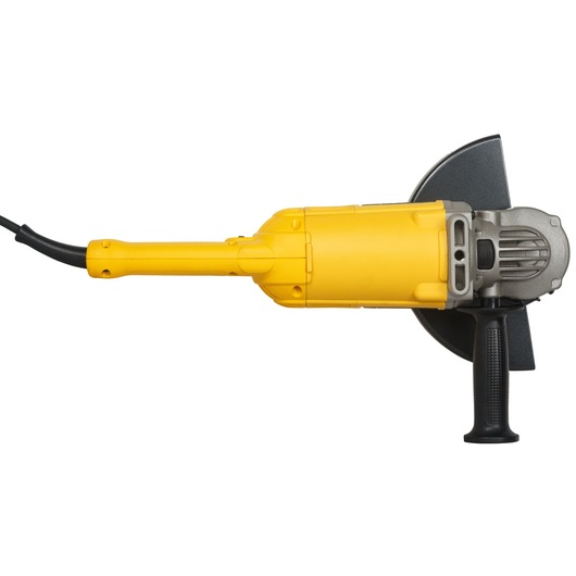 A yellow and black electric angle grinder viewed from the side, featuring a handle and a cord.