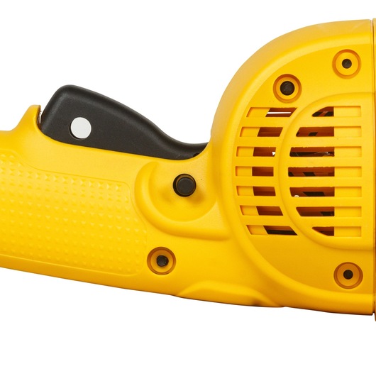Close-up of a yellow DEWALT power tool handle with ventilation slots and a black trigger.