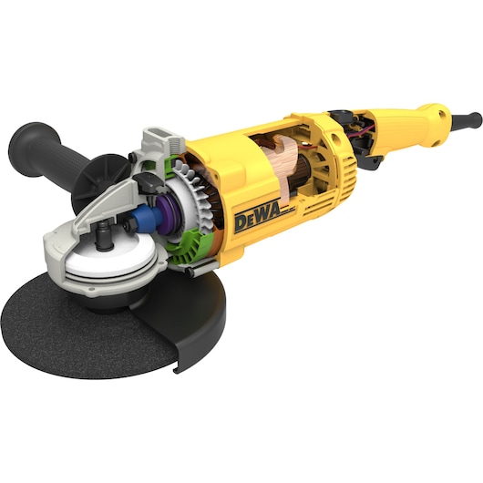 A cutaway view of a DEWALT angle grinder, showing internal components such as gears, motor, and wiring. The tool is yellow and black with a side handle and a large grinding disc.