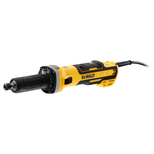 A DEWALT DWE4997 electric die grinder with a yellow and black body, featuring a cylindrical handle and a power cord attached.