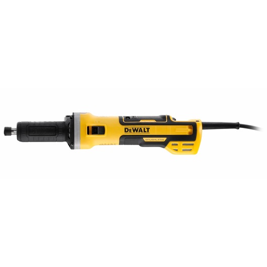 A DEWALT DWE4997 brushless electric die grinder, shown in a side profile view, with a yellow and black design and a power cord attached.