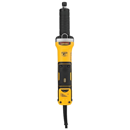 A DEWALT DWE4997 electric straight grinder featuring a yellow and black design, with a long handle and cord, intended for use in metalworking and fabrication tasks.