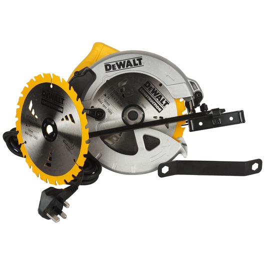 A DEWALT circular saw with a power cord, a circular saw blade with yellow edges, and a metal wrench tool. The saw is silver and yellow with DEWALT branding.