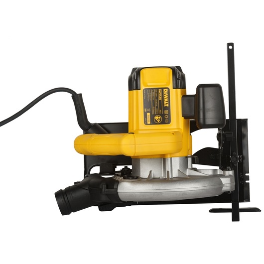 Side view of a DEWALT DWE560B electric circular saw with a yellow and black casing and metal base, designed for precise cutting tasks.