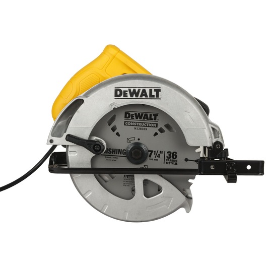 Front view of a DEWALT DWE561A circular saw with a yellow handle and silver blade cover, showing construction blade with carbide teeth.