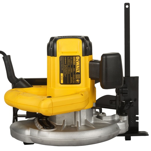 A DEWALT DWE561A electric circular saw with a yellow and black casing, shown from a side angle. The saw features a sturdy metal base and an ergonomic handle, designed for precision cutting in woodworking and construction.