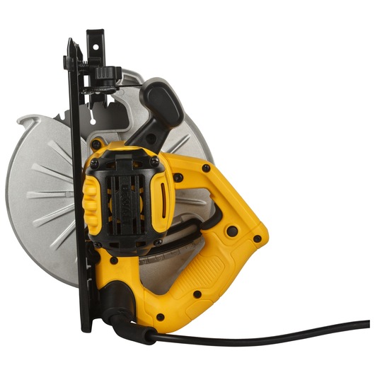 A close-up view of a DEWALT DWE561A electric circular saw with a yellow and black handle, silver blade guard, and power cord, placed upright against a white background.