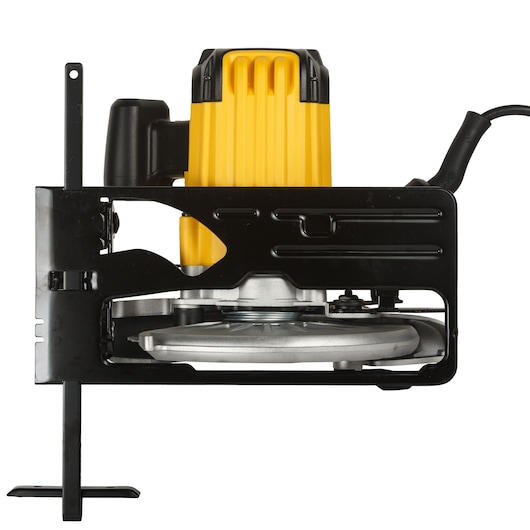Side view of a DEWALT circular saw, featuring a yellow and black casing, visible blade, and power cord.