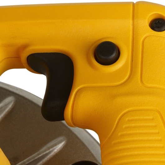 Close-up image of a yellow DEWALT power tool handle with a black trigger and part of a metallic circular blade visible in the background.
