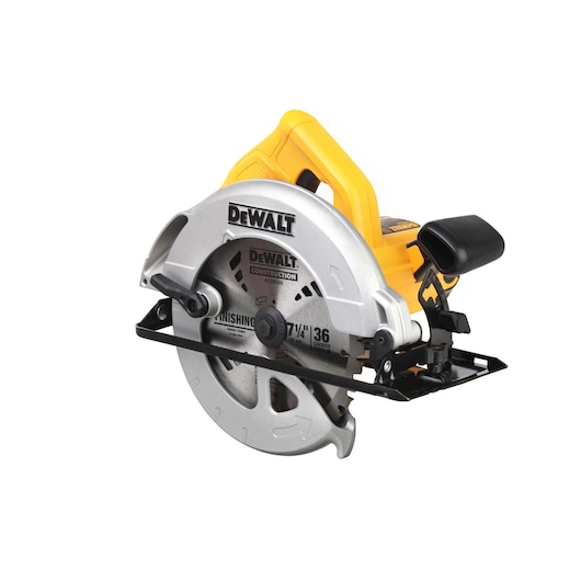 A DEWALT DWE561 circular saw with a yellow handle and silver blade guard, designed for cutting wood and construction materials.