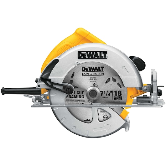 A DEWALT DWE575 circular saw with a silver blade, yellow handle, and black accents, designed for construction and framing applications. The blade has carbide teeth and measures 7-1/4 inches.