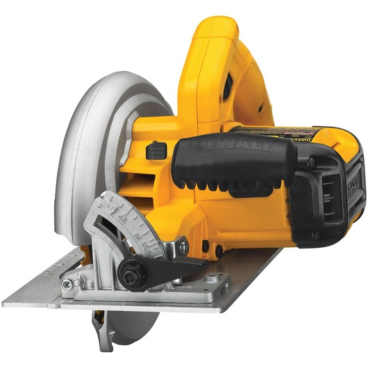 A close-up view of a DEWALT DWE575 circular saw, showing its yellow and black body with a large handle and exposed metal blade guard.