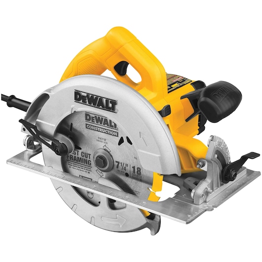 A DEWALT branded yellow circular saw with a metal blade guard and black handle. The saw is designed for construction and framing applications.
