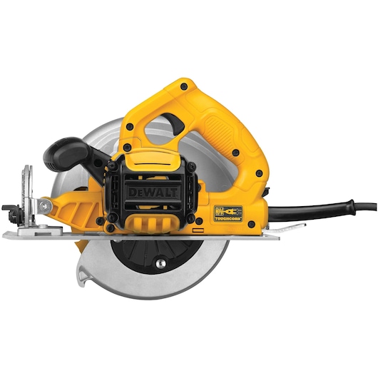 A yellow and black DeWalt DWE575 corded circular saw with a metal blade guard, ergonomic handle, and visible power cord, positioned on a white background.