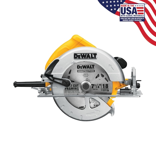 A DEWALT DWE575 circular saw featuring a silver blade guard, yellow handle, and extensive labeling including 'DEWALT Construction', '7-1/4 inch', and '18 carbide teeth'. There is a 'Made in the USA with global materials' logo and American flag in the top right corner.