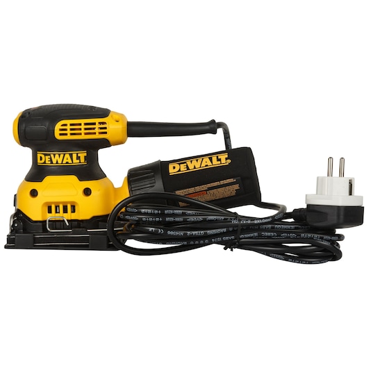 A DEWALT electric sander with a rectangular sanding base, black and yellow body, dust bag, and a power cord with a European plug.