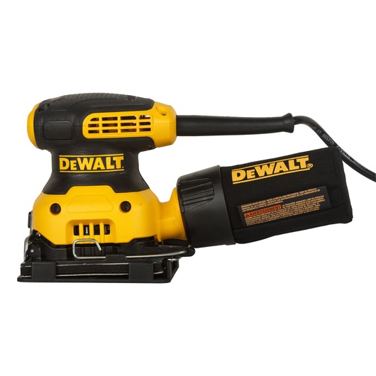 A DEWALT electric hand sander, model DWE6411-B5, featuring a yellow and black design with a dust bag attached, shown against a white background.