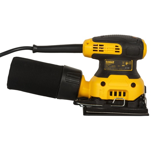 A DEWALT DWE6411-B5 electric sander with a yellow and black design, shown with a dust bag attached and a power cord extending from the handle.