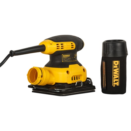A DEWALT DWE6411-B5 yellow and black electric sander with a detachable dust bag, shown on a white background.