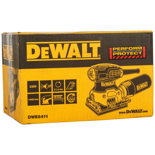 Yellow and black DEWALT branded box for the DWE6411 model, showing an illustration of an electric sander and technical details like 230W power, 14000/min speed, and Air Lock system.