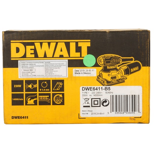 Box of a DEWALT DWE6411-B5 1/4 sheet finishing sander. The packaging is yellow and black, featuring an illustration of the sander, specification icons, and information about voltage, speed, and manufacturing origin.