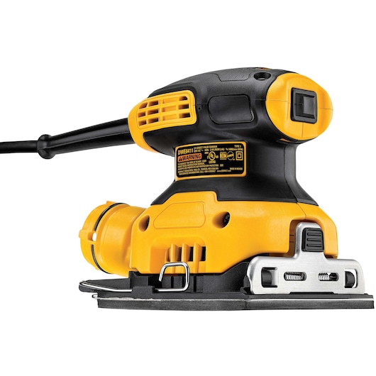 Close-up view of a DEWALT DWE6411 sheet palm sander, featuring a yellow and black power tool with a flat sanding base and ergonomic handle, shown on a white background.