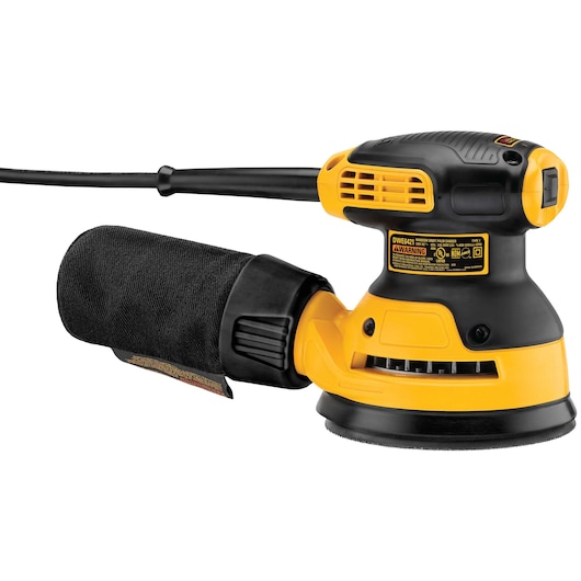 A DEWALT DWE6421 electric random orbit sander with a yellow and black design, featuring a dust bag attached and a power cord extending from the back.