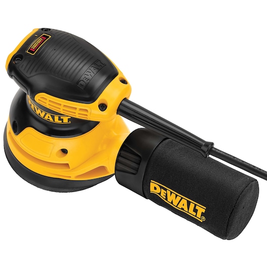 A DEWALT branded electric orbital sander with a dust collection bag attached, shown in yellow and black color.