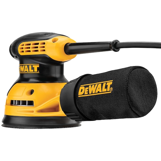 A close-up image of a DEWALT DWE6421 yellow and black electric orbital sander with a dust bag attached, showing the power cord and DEWALT logo.