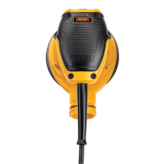 A DEWALT DWE6421 electric orbital sander, shown from above. The tool is yellow and black, with a visible power cord extending downward.