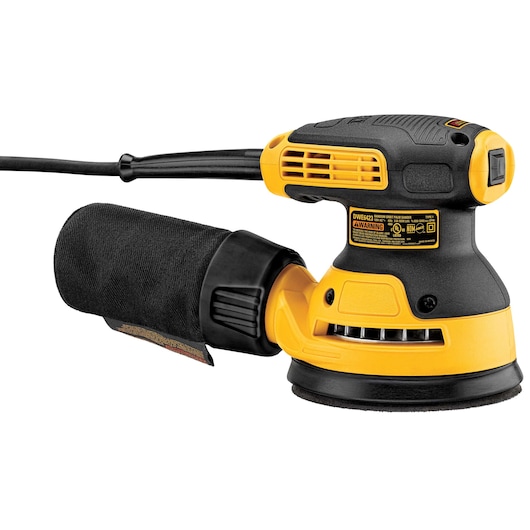 A DEWALT DWE6423 random orbit palm sander with a yellow and black design, dust bag attached, and power cord.