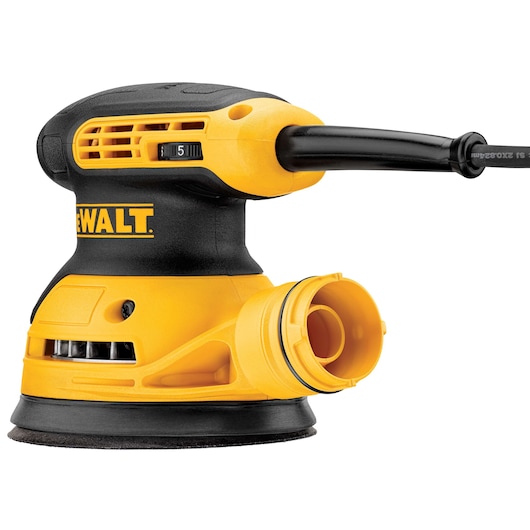 A DEWALT DWE6423 yellow and black electric random orbital sander with a dust port and power cord, shown against a white background.