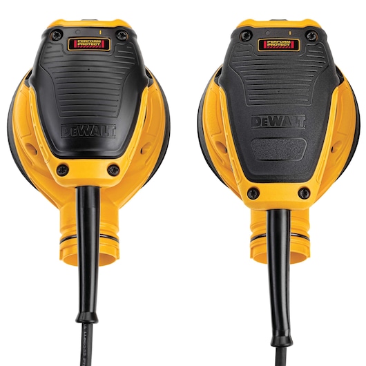 Two DEWALT DWE6423 yellow and black electric power sanders are shown from above, highlighting the Perform and Protect label and the cord attachment.