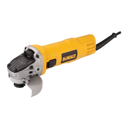 A yellow and black DEWALT electric angle grinder, model DWE8100S, with a power cord attached and a protective guard around the grinding wheel.
