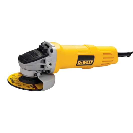 Photo of DEWALT DWE8100T yellow angle grinder, side view, black and yellow disc, corded, on white background.