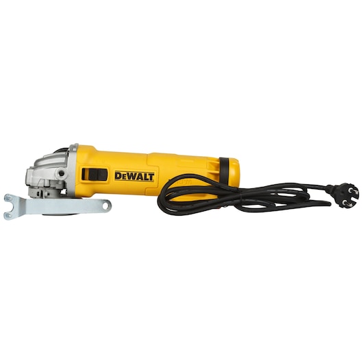 Photo of DEWALT DWE8300S yellow angle grinder with attached power cord, side view on white background.