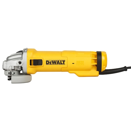 Photo of DEWALT DWE8300S yellow angle grinder side view on white background, corded power tool.