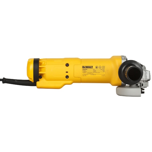 Photo of DeWalt DWE8300S yellow angle grinder side view, with side handle and power cord, on white background.