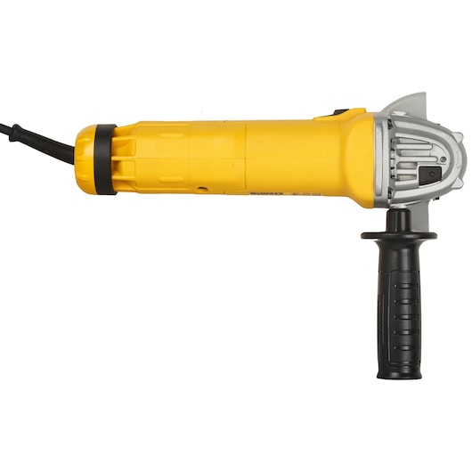 DEWALT DWE8300S yellow angle grinder with side handle, corded, side view, photography, power tool.