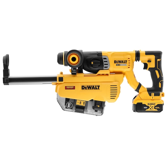 A DEWALT yellow and black cordless rotary hammer drill with an integrated dust extraction system and a rechargeable 18V battery pack.