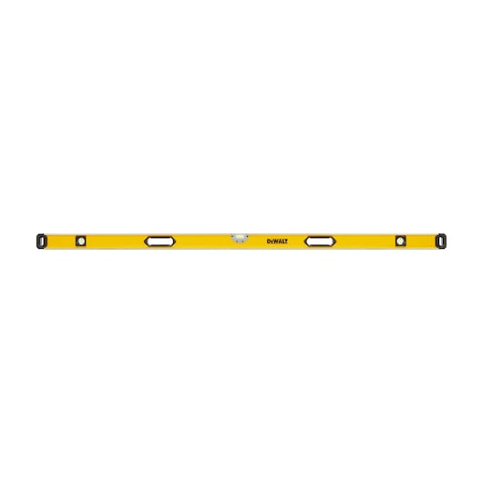 A yellow DEWALT spirit level with black end caps and three bubble vials, designed for accurate leveling in construction and carpentry.