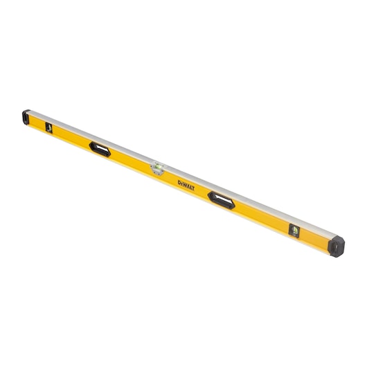 A DEWALT yellow spirit level tool with three bubble vials and black end caps, designed for accurate leveling tasks.