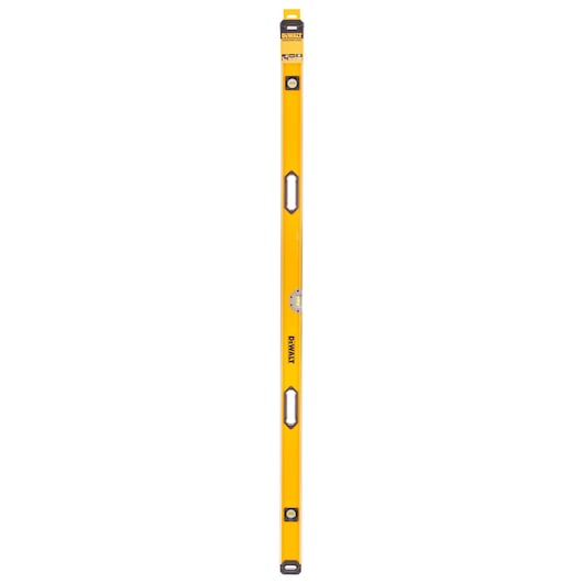 A long, yellow DEWALT spirit level with three bubble vials, black end caps, and a central hand grip cutout. The tool is designed for precise leveling in construction and DIY tasks.