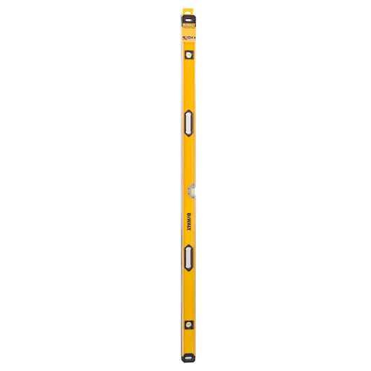 A yellow DEWALT spirit level tool with black accents, featuring three bubble vials for leveling, shown in a vertical position on a white background.