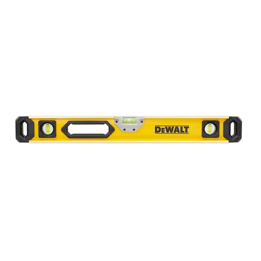 A yellow DEWALT spirit level with three bubble vials and black end caps, designed for precise leveling tasks.
