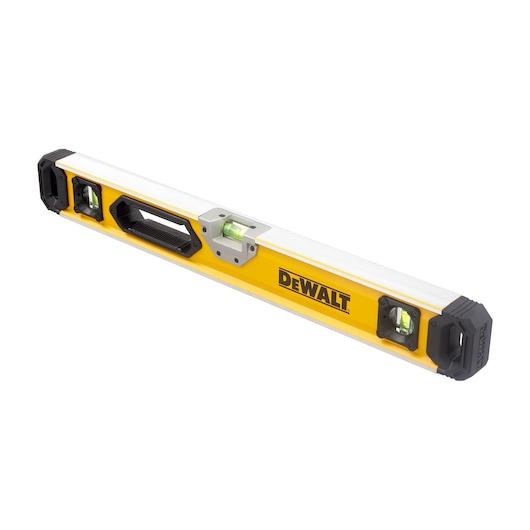 A yellow and silver DEWALT spirit level with three bubble vials and plastic end caps, used for measuring horizontal and vertical alignment in construction and DIY projects.